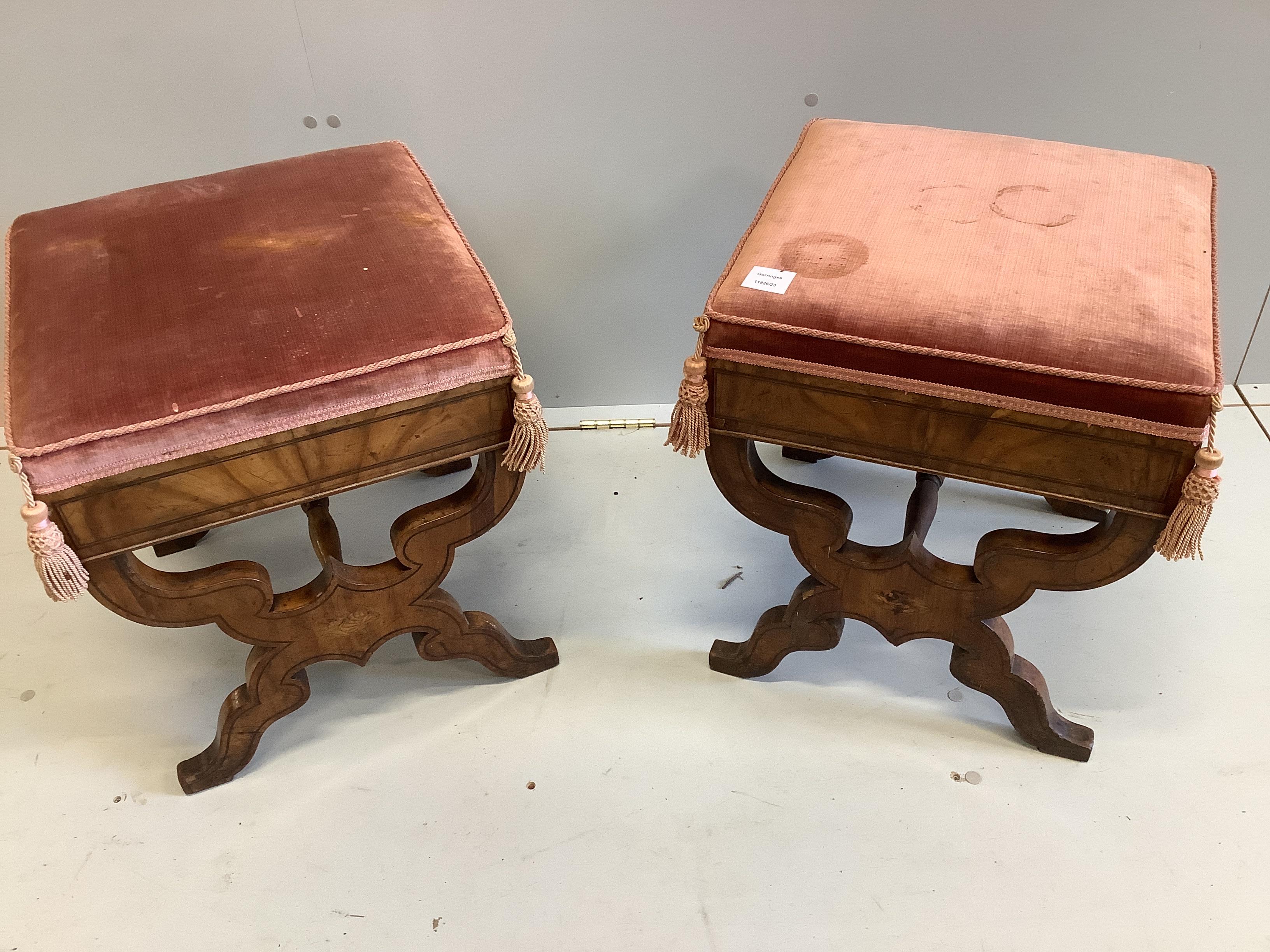 A pair of Victorian inlaid walnut X framed dressing stools, width 42cm, depth 41cm, height 50cm